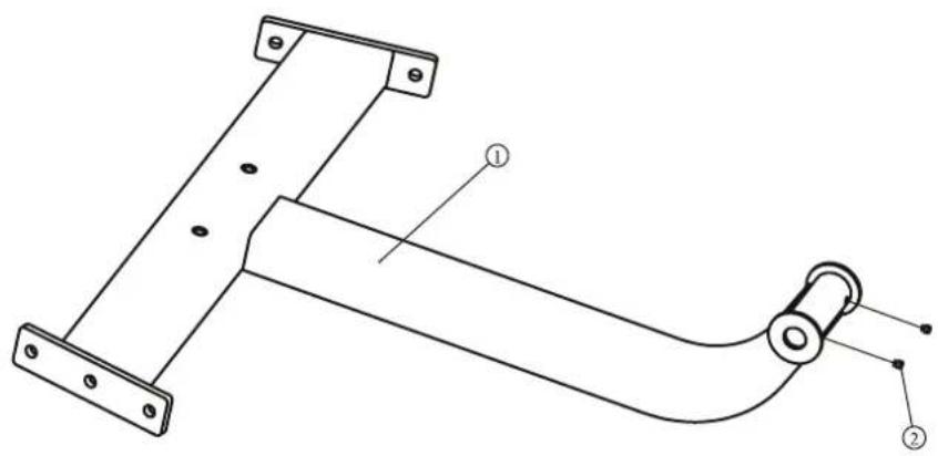 Technical diagram of a mechanical linkage or lever system with labeled components ① and ②