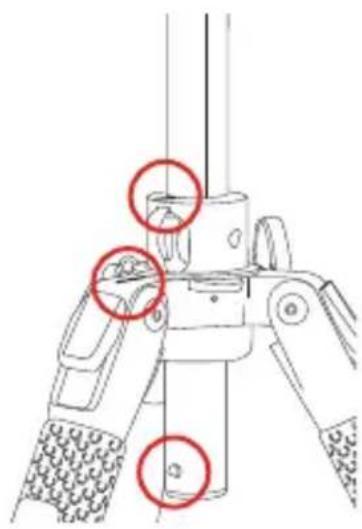 Technical diagram of a mechanical device with three red-circled annotations highlighting specific components.