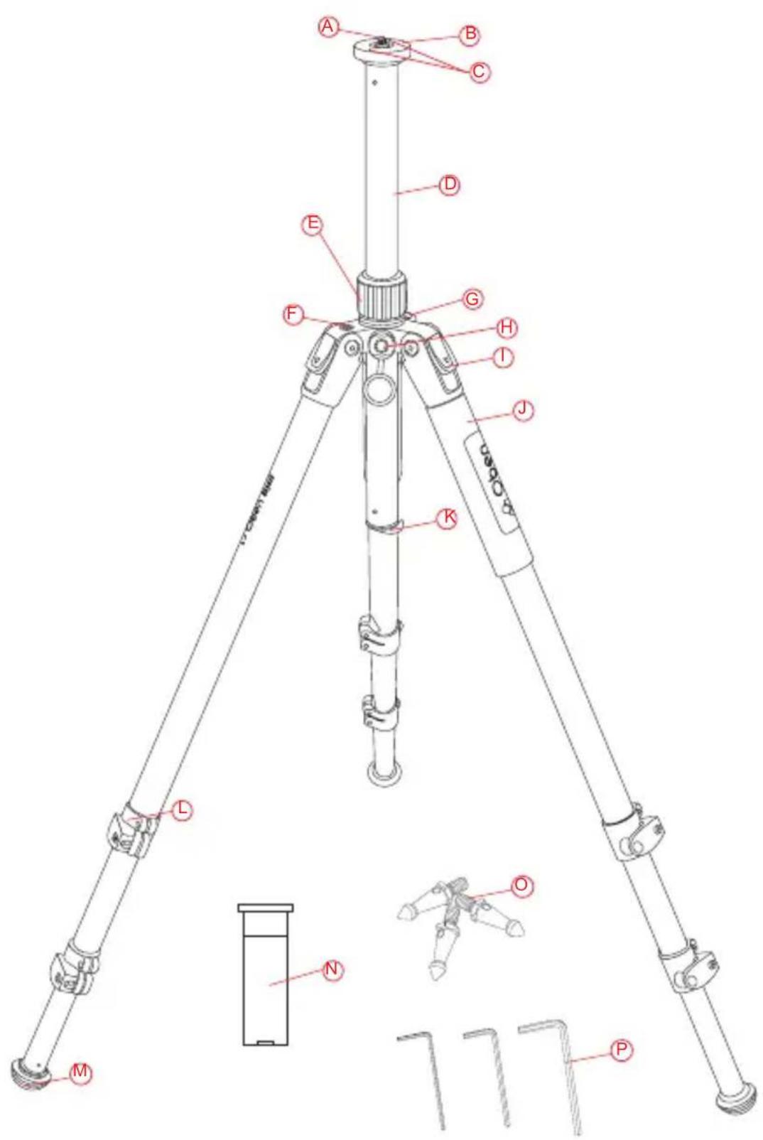 Technical diagram of a tripod-mounted device with labeled parts, including base, legs, and support structures.