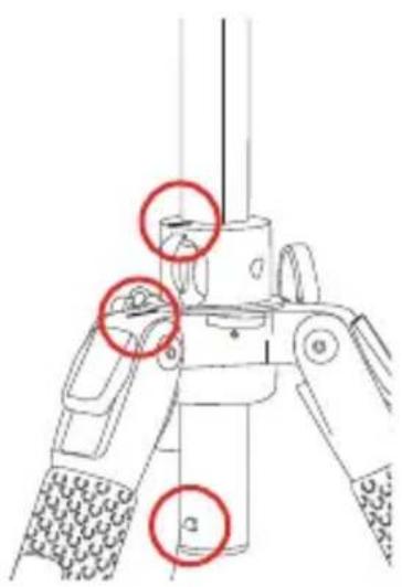 Technical diagram of a mechanical device with labeled parts and red circles highlighting specific features.