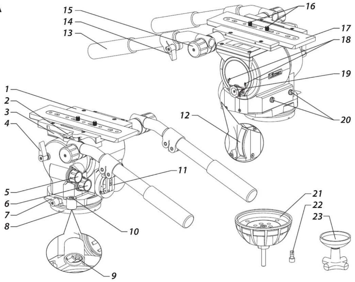 Technical diagram of a mechanical device with numbered parts, including assembly lines and component labels