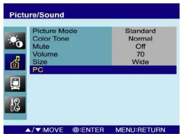 Picture/Sound Picture Mode Standard Color Tone Normal Mute Off Volume 70 Size Wide PC ▲/▼:MOVE @:ENTER MENU:RETURN