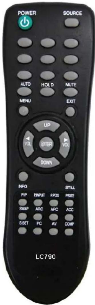 POWER SOURCE AUTO HOLD MUTE MENU EXIT UP VOL ENTER VOL DOWN INFO STILL PIP PINPUT PPOS PSIZE SWAP ARC APC ACC SSET PC AV COMP LC790