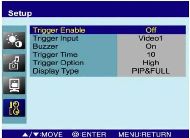 Setup Trigger Enable Off Trigger Input Video1 Buzzer On Trigger Time 10 Trigger Option High Display Type PIP&FULL ▲/▼:MOVE ◎:ENTER MENU:RETURN