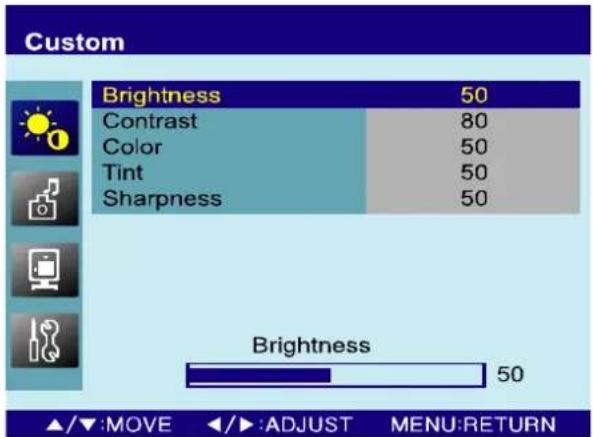 Custom Brightness 50 Contrast 80 Color 50 Tint 50 Sharpness 50 Brightness 50 ▲/▼:MOVE ◀/►:ADJUST MENU:RETURN