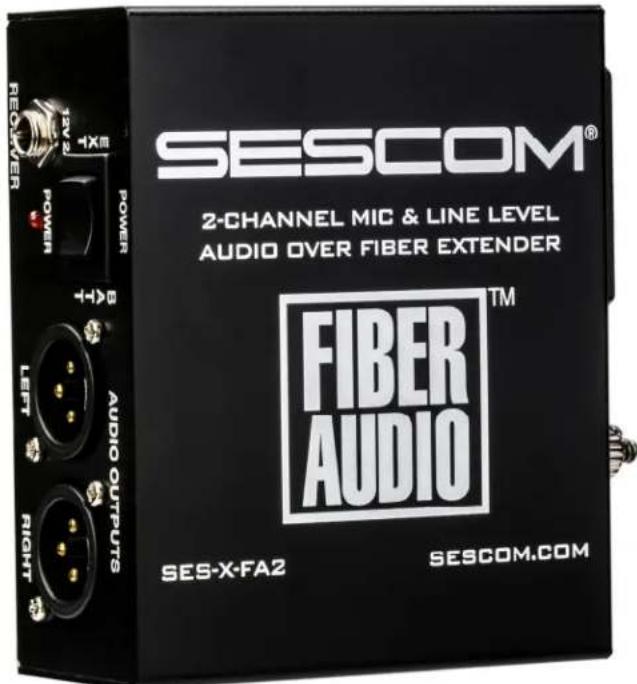 SESCOM® 2-CHANNEL MIC & LINE LEVEL AUDIO OVER FIBER EXTENDER FIBER AUDIO™ TES-X-FA2 SESCOM.COM RECKER POWER T-A LEFT RIGHT AUDIO OUTPUTS