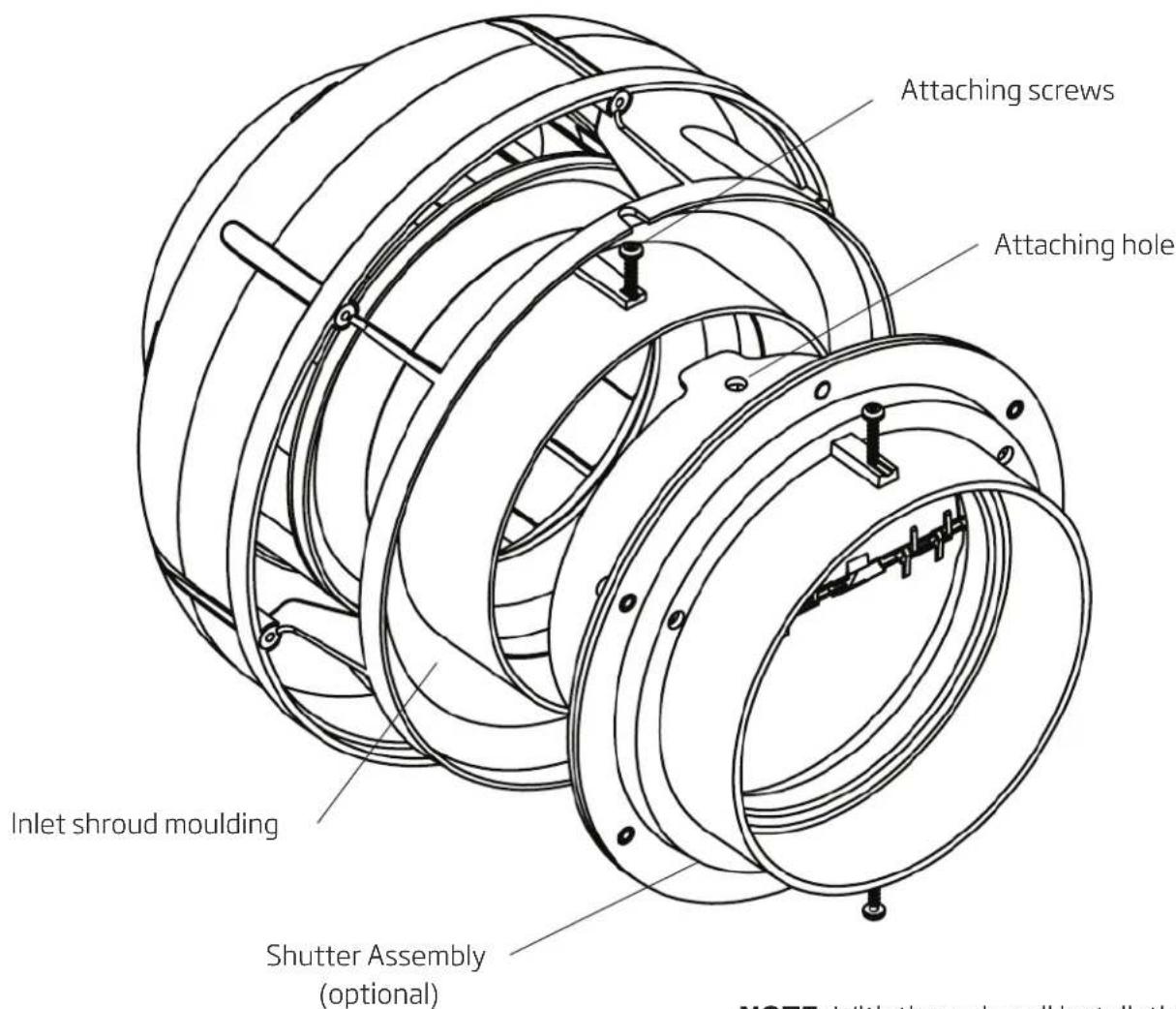 Attaching screws Attaching hole Inlet shroud moulding Shutter Assembly (optional) NOTE: With through-wall installation