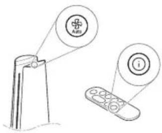 Diagram showing a device with a cross symbol and an icon labeled 'i', alongside a remote control with a circular button.