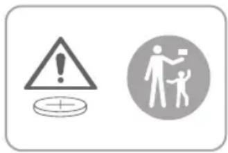 Warning symbol and circular icon depicting a person holding a sign with a child, alongside a warning triangle with an exclamation mark.