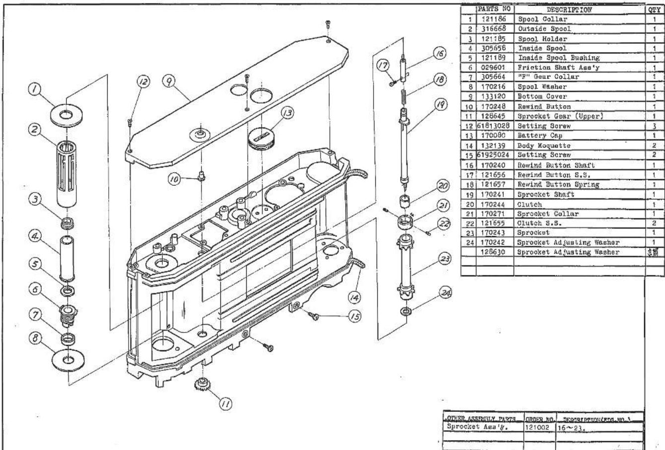 PARTS NO DESCRIPTION QTY 1 121186 Spool Collar 2 316668 Outside Spool 3 121185 Spool Holder 4 305656 Inside Spool 5 121189 Inside Spool Bushing 6 029601 Friction Shaft Ass'y 7 305664 "F" Gear Collar 8 170216 Spool Washer 9 133120 Bottom Cover 10 170248 Rewind Button 11 128645 Sprocket Gear (Upper) 12 61813028 Setting Screw 13 170080 Battery Cap 14 132139 Body Moquette 15 61925024 Setting Screw 16 170240 Rewind Button Shaft 17 121656 Rewind Button S.S. 18 121657 Rewind Button Spring 19 170241 Sprocket Shaft 20 170244 Clutch 21 170271 Sprocket Collar 22 121655 Clutch S.S. 23 170243 Sprocket 24 170242 Sprocket Adjusting Washer / 128630 Sprocket Adjusting Washer OTHER ASSEMBLY PARTS ORDER NO. DESCRIPTION/TOD.NO.\ Sprocket Ass'y. 121002 16~23. Sprocket As'sy.