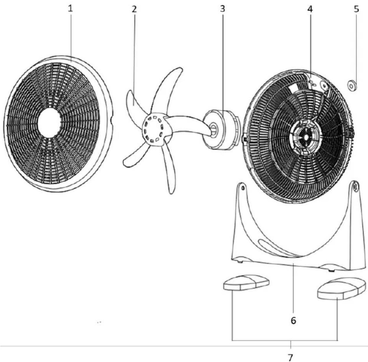 Technical diagram of a fan assembly with numbered parts for identification
