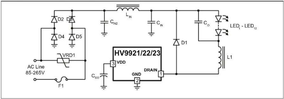 AC Line 85-265V F1 D2 D3 D4 D5 VRD1 C_DD L_IN C_IN2 C_O D1 LED_1 - LED_12 HV9921/22/23 VDD GND DRAIN 1 2 3