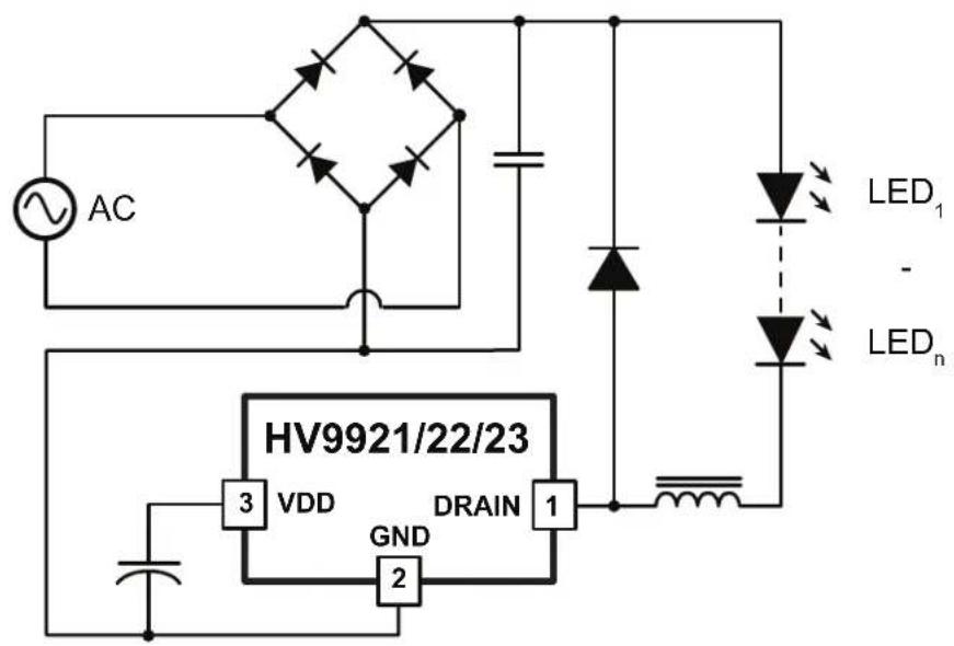 AC HV9921/22/23 VDD DRAIN 1 GND 2 LED₁ - LEDₙ