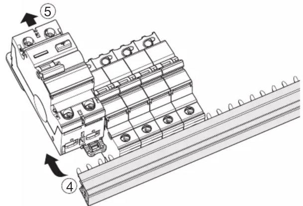 Technical diagram of an electrical circuit breaker with labeled components and directional arrows indicating assembly steps.