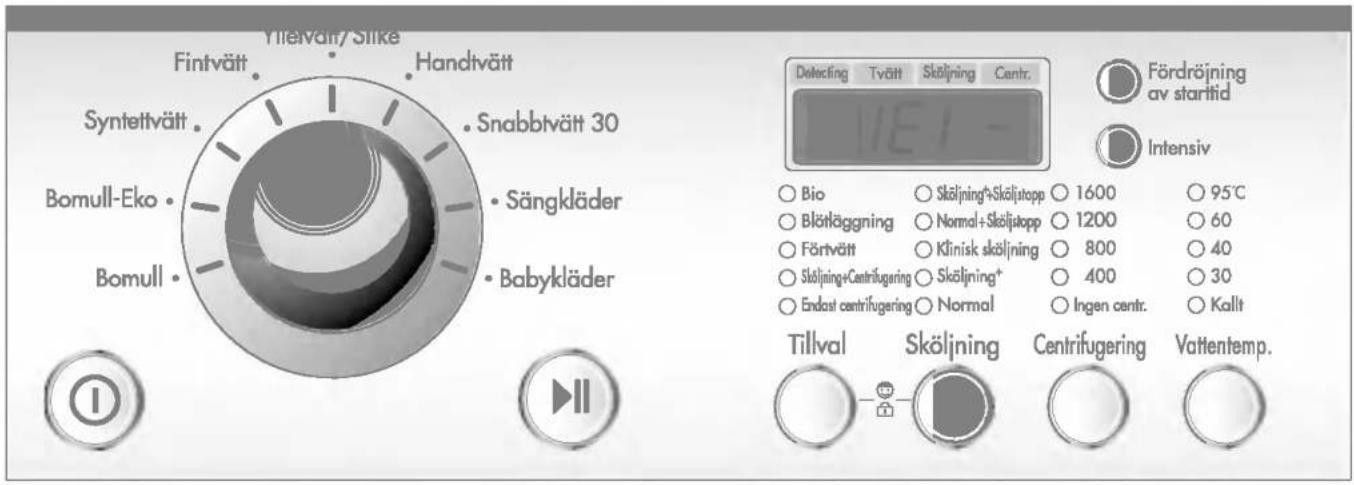 Ytlevatt/Slike Fintvätt Handtvätt Syntettvätt Snabbtvätt 30 Bomull-Eko Sängkläder Bomull Babykläder I II Detecting Tvätt Sköljning Centr. 1E1- Fördröjning av starttid Intensiv ○ Bio ○ Sköljning+Sköljstopp ○ 1600 ○ 95°C ○ Blötkäggning ○ Normal+Sköljutopp ○ 1200 ○ 60 ○ Förtvätt ○ Klinisk sköljning ○ 800 ○ 40 ○ Sköljning+Centrifugering ○ Sköljning+ ○ 400 ○ 30 ○ Endast centrifugering ○ Normal ○ Ingen centr. ○ Kallt Tillval Sköljning Centrifugering Vattentemp. ○