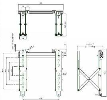 Technical drawing of a structural frame assembly with dimension annotations and cross-sectional views