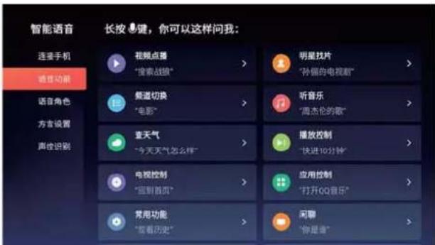 智能语音 长按 ⬆键，你可以这样问我： 连接手机 语音功能 语音角色 方言设置 声效识别 视频点播 “搜索战狼” 频道切换 “电影” 查天气 “今天天气怎么样” 电视控制 “强烈首页” 常用功能 “查看历史” 明星找片 “孙佩的电视剧” 听音乐 “高杰伦的歌” 播放控制 “快进10分钟” 应用控制 “打开QQ音乐” 闲聊 “你是谁”