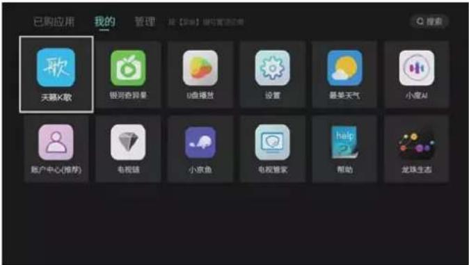 已购应用 我的 管理 搜【50】弹码管理功能 Q 搜索 歌 天籁X歌 银对奇背景 U盘播放 设置 最美天气 小魔AI 账户中心(推荐) 电视链 小京鱼 电视管家 帮助 龙珠生态