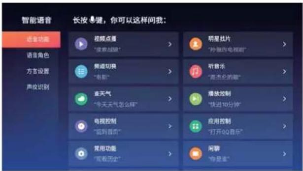 智能语音 语音角色 方言设置 声纹识别 长按 快键，你可以这样问我： 语音功能 语音角色 声音识别 视频点播 > “波束战线” 频道切痕 > “电影” 查天气 “今天天气怎么样” 电视控制 “迟到音乐” 常用功能 “我爱历史” 明星找片 “秒杀的电视剧” 听音乐 “南水仓的歌” 播放控制 “快进10分钟” 应用控制 “打开QQ音乐” 闲聊 “你足谁”