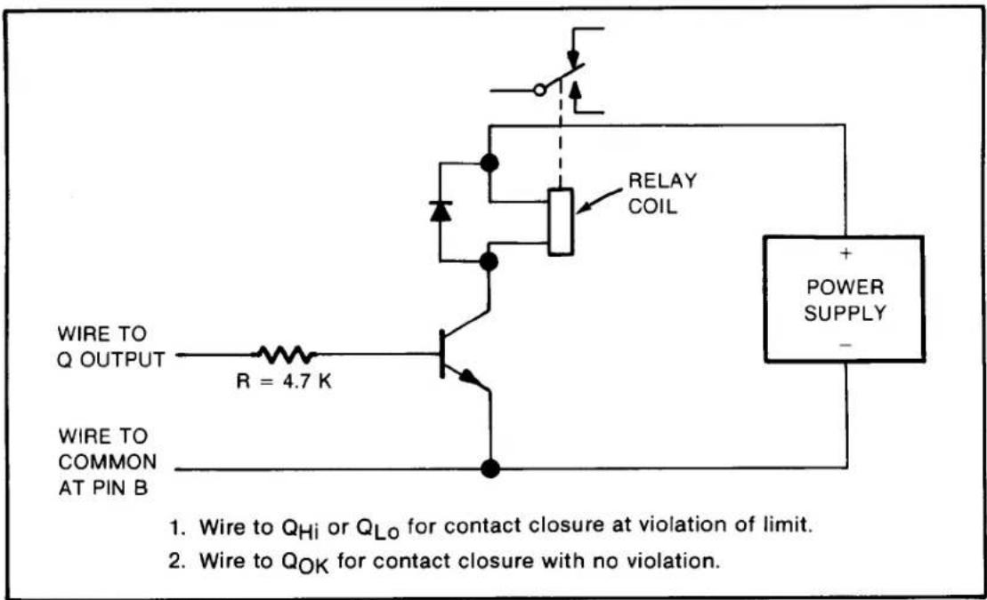 WIRE TO Q OUTPUT R = 4.7 K WIRE TO COMMON AT PIN B RELAY COIL POWER SUPPLY - 1. Wire to QHi or QLo for contact closure at violation of limit. 2. Wire to QOK for contact closure with no violation.