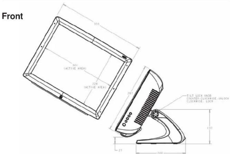 Front 355 301 (ACTIVE AREA) 228 (ACTIVE AREA) 267 TILT LOCK INDB COUNTER-CLICKWISE, UNLOCK CLOCKWISE, LOCK 132 23 200