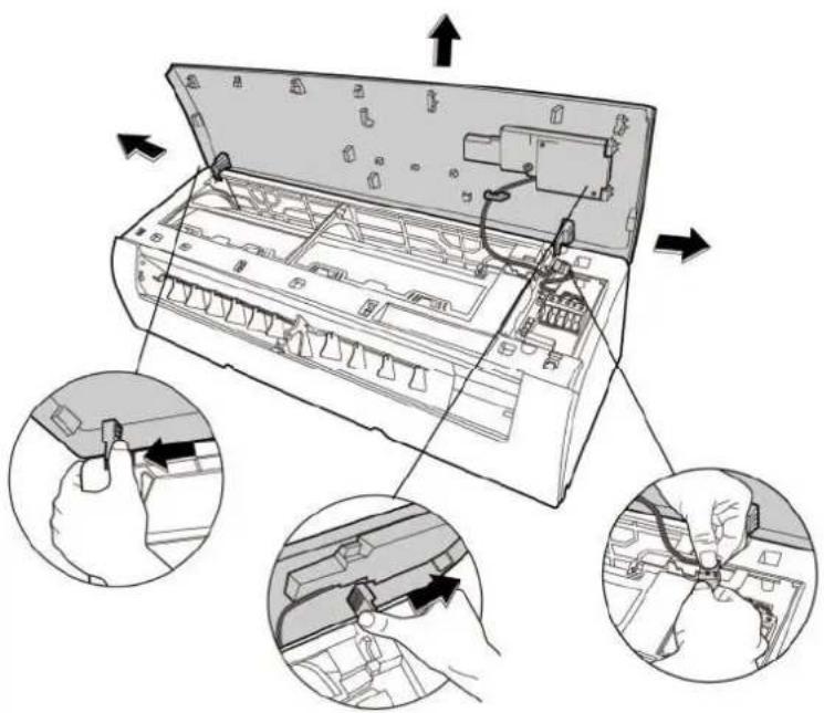 Diagram showing installation of an air conditioner unit with hand and tool views, including close-ups of internal components.