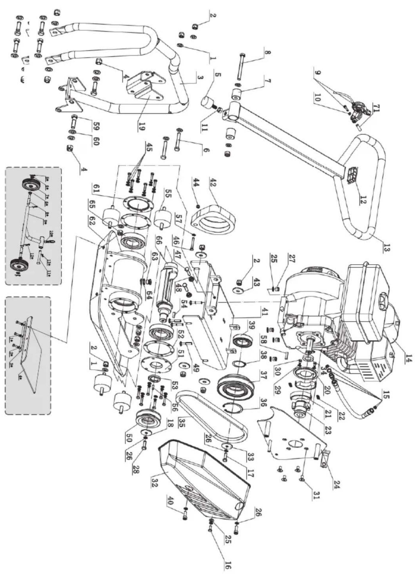 Technical diagram of a mechanical assembly with numbered components and exploded view, including parts like gears, levers, and motors.