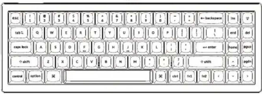 esc 1 2 3 4 5 6 7 8 9 10 - - + ← backspace in tab= Q W E R T Y U I O P | | | end del caps lock A S D F G H J K L : : ← enter home PGN3 ↑ shift Z X C V B N M * / ? shift → pgdn control option ⌘ ⑦ ctrl fn1 fn2 < - >