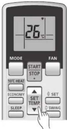 26°C MODE START STOP 10°C HEAT ECONOMY SLEEP SET TEMP. FAN SET SWING