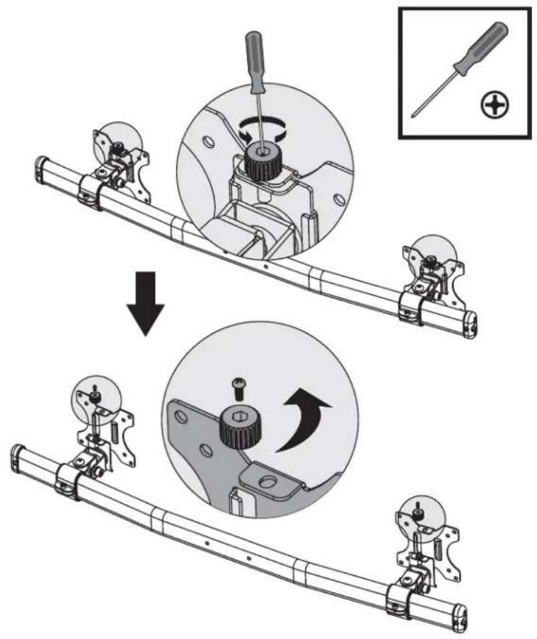Technical diagram illustrating mechanical assembly steps with labeled components and directional arrows indicating motion