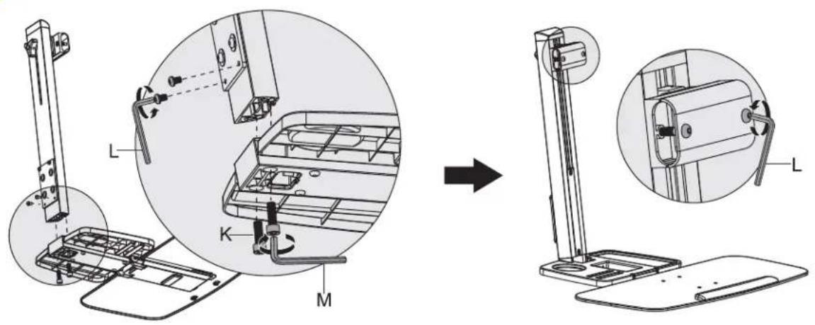 Technical diagram illustrating the assembly of a device with labeled parts (L, K, M) and a magnified view showing the internal structure.