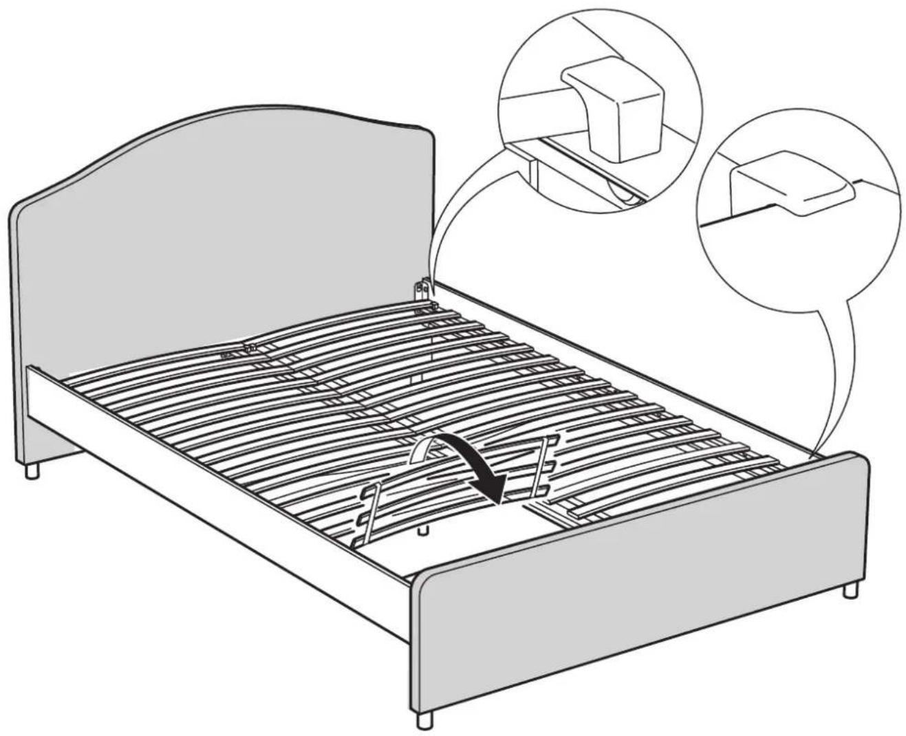 Diagram illustrating bed mat installation with labeled components and directional arrows indicating assembly or repair steps.
