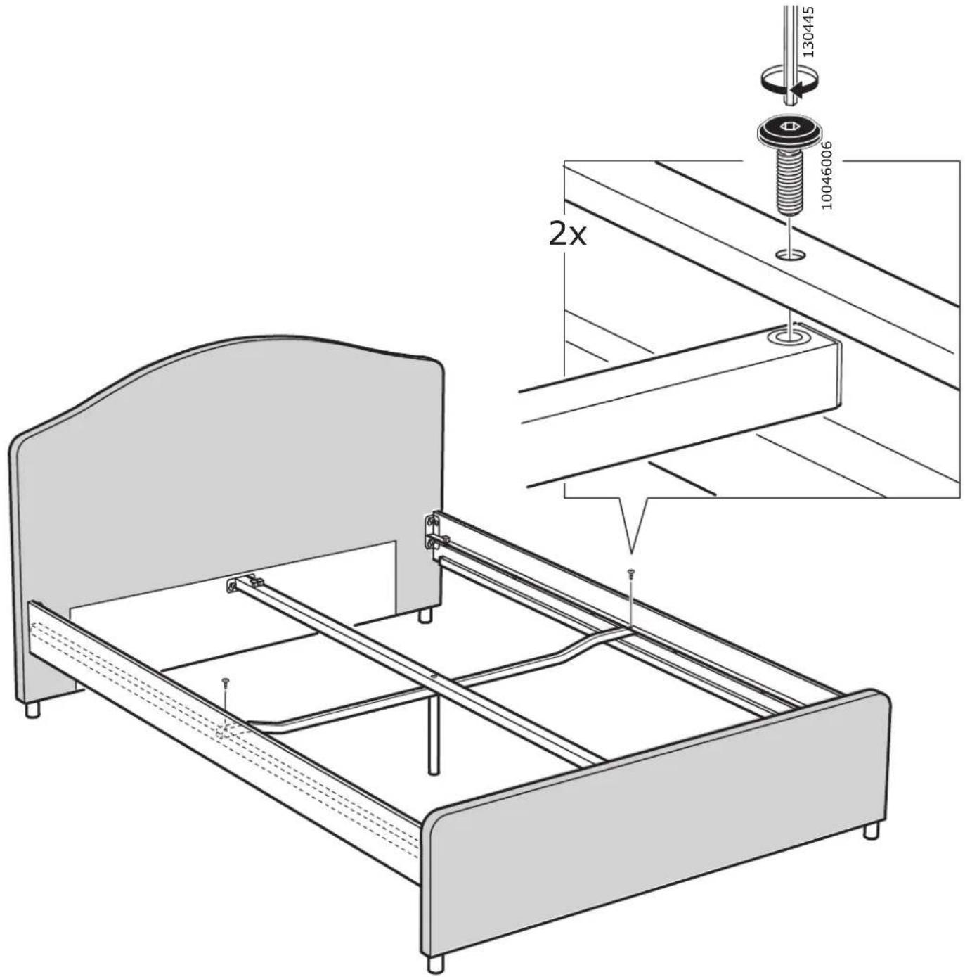 Technical diagram of a bed with structural details and component labels, including a 2x ratio indicator and bolt specifications.