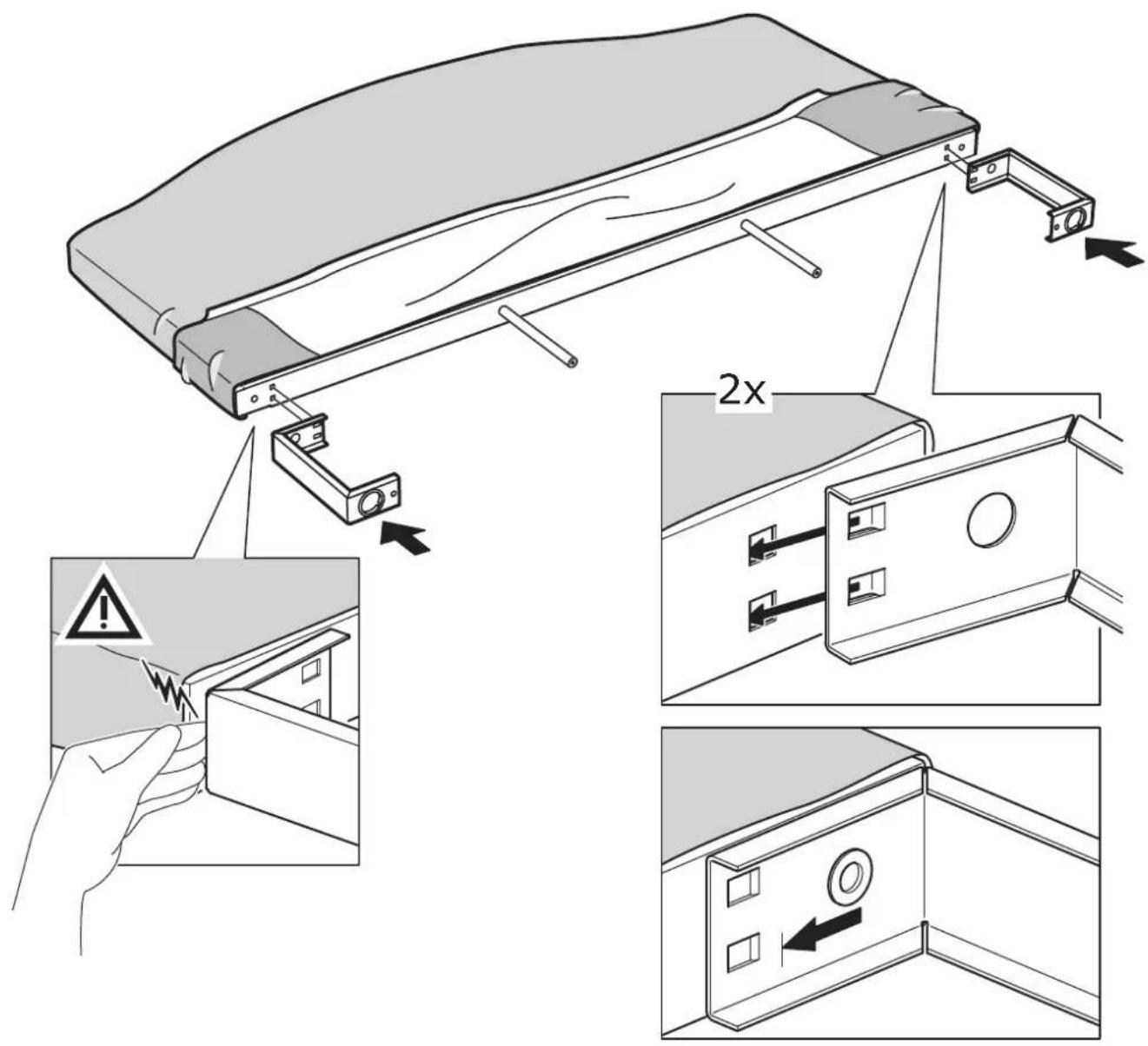 Technical diagram illustrating a door lock mechanism with labeled components and warning indicators