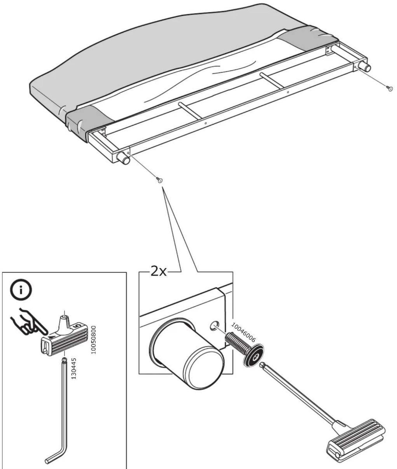 Technical diagram of a mechanical device with labeled parts and dimensions, including a 2x scaling indicator.
