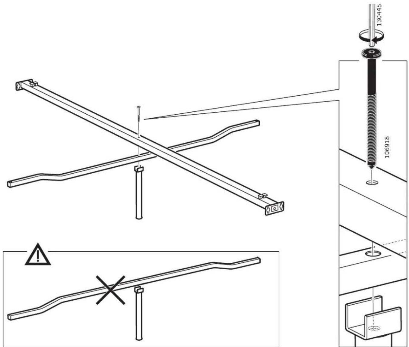 Technical diagram showing mechanical assembly with labeled parts and warning indicators
