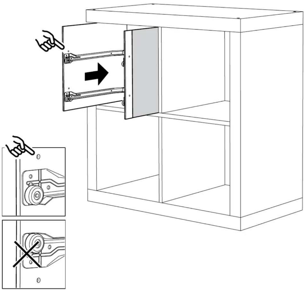 Technical diagram showing a door opening with a right-hand valve, accompanied by three views of the door handle mechanism and a hand gesture.