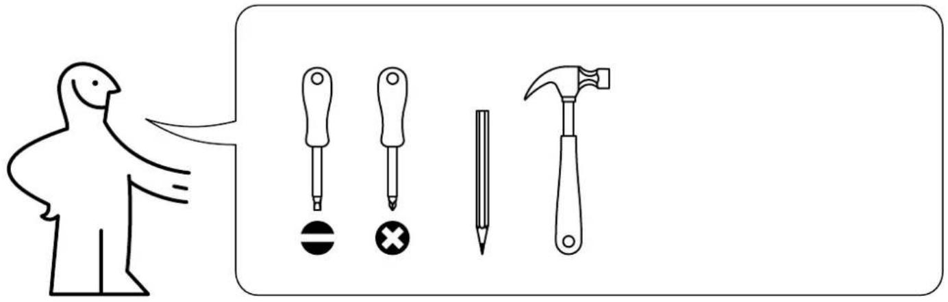 Illustration showing a person pointing to five different tools: screwdriver, hammer, screwdriver with cross, pencil, and hammer.