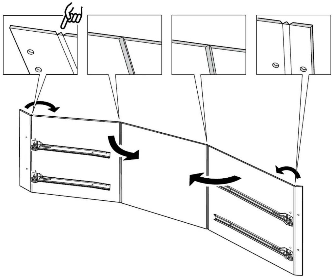 Technical diagram illustrating door frame assembly with labeled components and directional arrows indicating motion steps