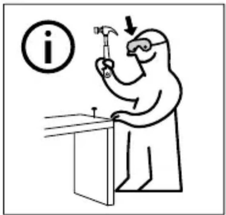 Illustration showing a person using a hammer to work at a desk, with an 'i' symbol and downward arrow indicating inspection or warning.