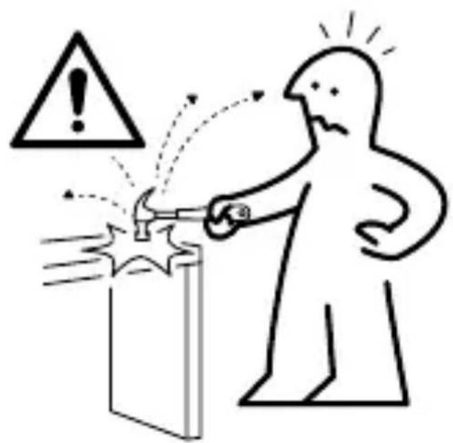 Safety warning illustration showing a person using a tool to prevent injuries, with a warning symbol and explosion effect.