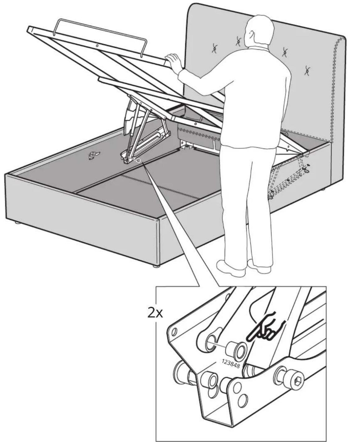 Technical diagram showing a person assembling a mechanical device with labeled parts and a 2x magnified view of the component.