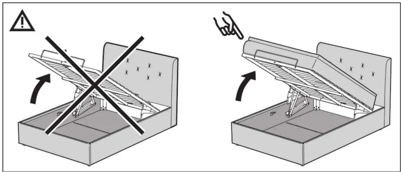 Diagram illustrating two mechanical device states: one with a diagonal warning sign and arrow, the other with a hand gesture indicating press or lifting.