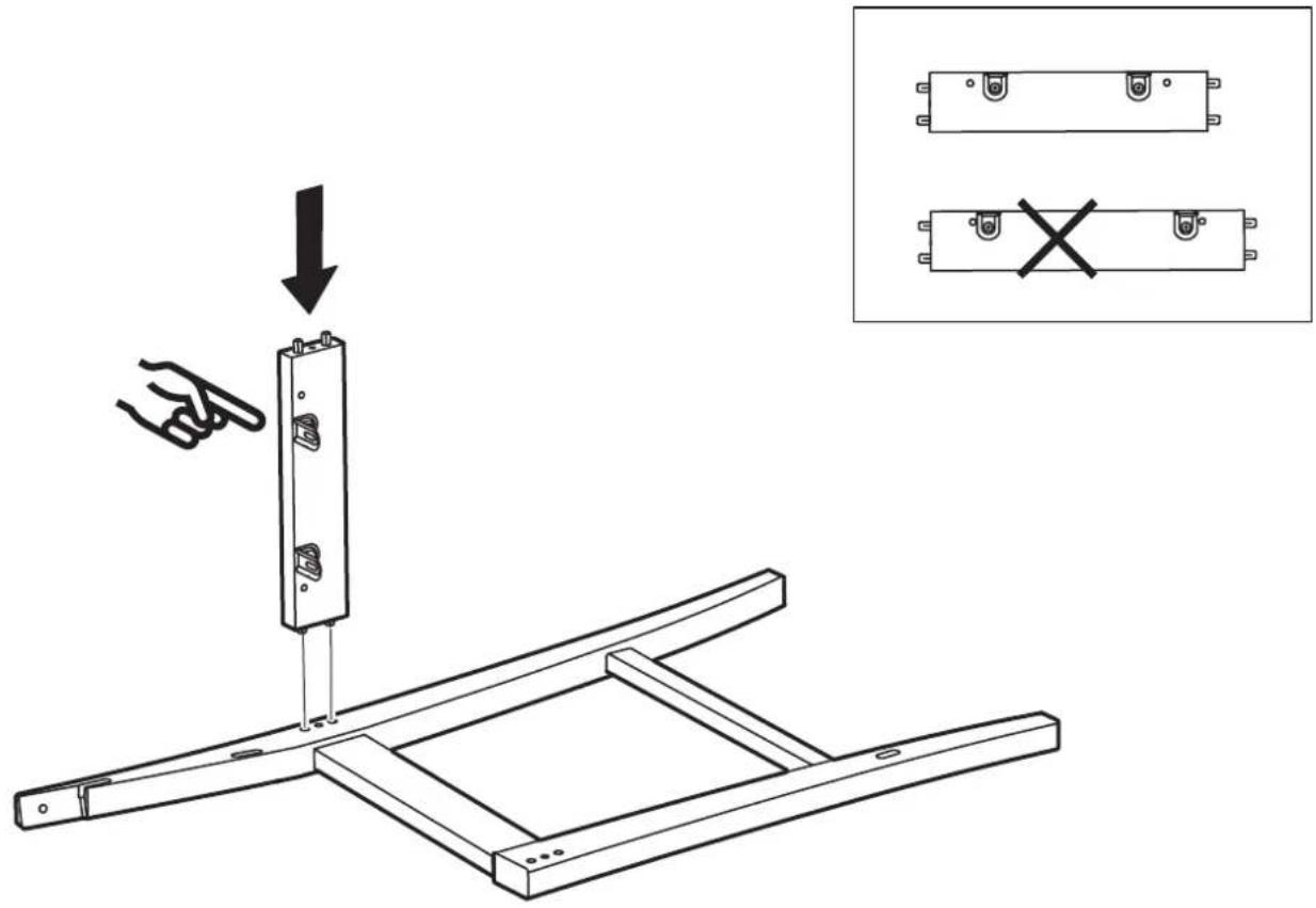 Technical diagram showing a hand holding a wall-mounted component with an inset showing two labeled components.
