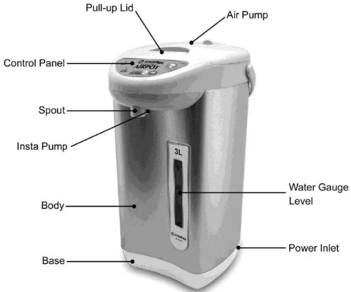 Pull-up Lid Air Pump Control Panel Spout Insta Pump 3L Body Water Gauge Level Base Power Inlet