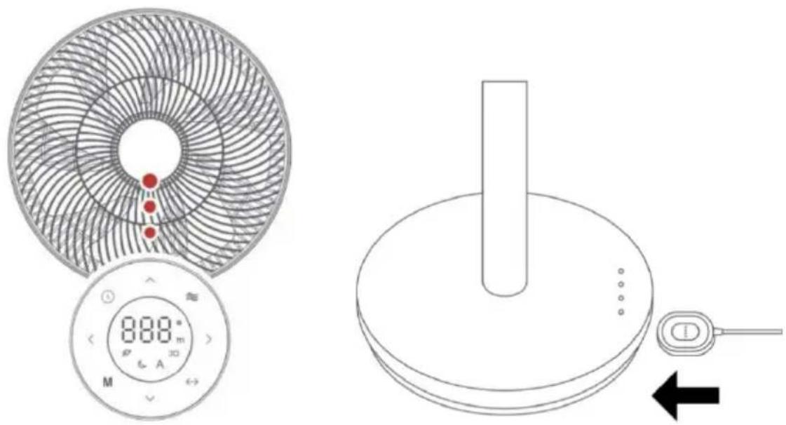 Technical diagram showing a fan with digital display and temperature reading, alongside a close-up of its physical component with a sensor and directional arrow.