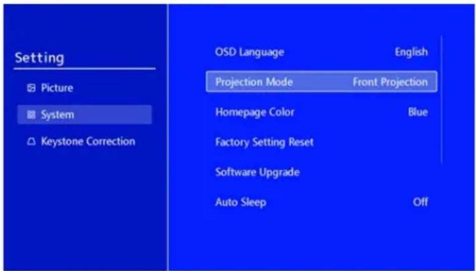 Setting Picture System Keystone Correction OSD Language English Projection Mode Front Projection Homepage Color Blue Factory Setting Reset Software Upgrade Auto Sleep Off
