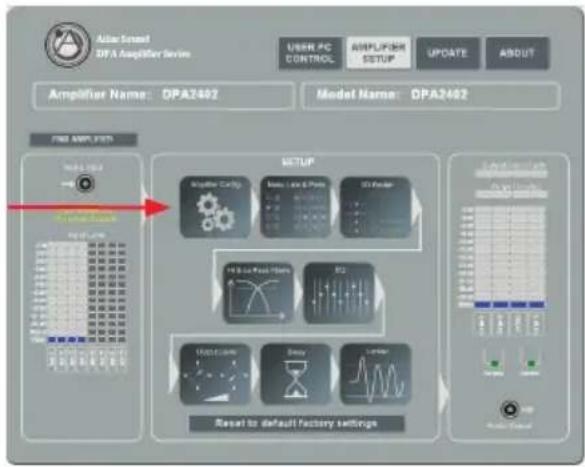 AI-Spread DPA Amplifier Series USBN PC CONTROL AMPLIFOR SETUP UPDATE ABOUT Amplifier Name: DPA2402 Model Name: DPA2402 FIND AMPLIFIER MUTUP Amplifier Control Noise Level & Power 3D Forder 14.5 Hz Peak Hertz R2 Input Data Delay Latency Reset to default factory settings