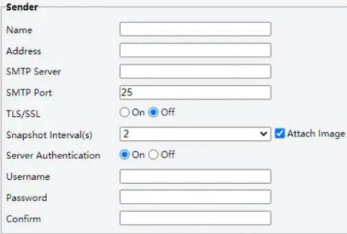 Sender Name Address SMTP Server SMTP Port 25 TLS/SSL ○ On ● Off Snapshot Interval(s) 2 ✓ Attach Image Server Authentication ● On ○ Off Username Password Confirm