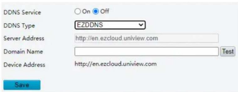 DDNS Service On Off DDNS Type EZDDNS Server Address http://en.ezcloud.uniview.com Domain Name Test Device Address http://en.ezcloud.uniview.com Save